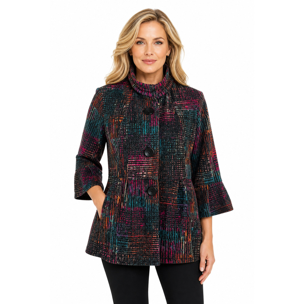 Ali Miles Peplum Knit Jacket Size Small Wire Collar Boho Chic Artsy Abstract